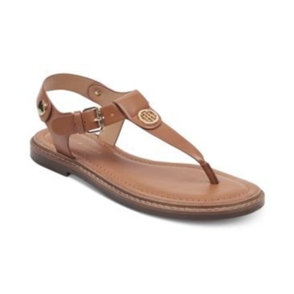 Tommy Hilfiger Bennia Women's Thong Flat Sandals Cognac Tan T-Strap Buckle Shoes